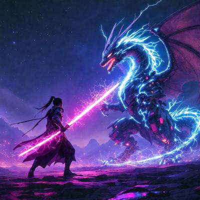 The primary subject of the image is a woman holding a pink sword, standing in front of a large, blue, lightning-filled dragon. The setting appears to be a dark, magical environment, with the woman and the dragon as the main focus. The visual style of the image is digital art, with the woman and the dragon depicted in a detailed and vibrant manner. The colors and mood of the image are predominantly dark and dramatic, with the pink sword and the blue lightning adding a touch of contrast and interest to the scene.
